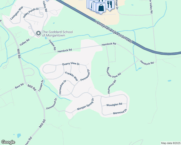 map of restaurants, bars, coffee shops, grocery stores, and more near 52 Pennwood Drive in Morgantown