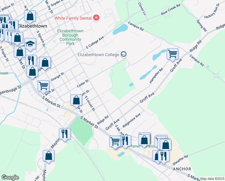 map of restaurants, bars, coffee shops, grocery stores, and more near 430 Cherry Street in Elizabethtown