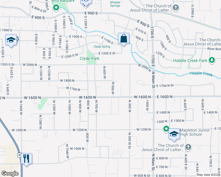 map of restaurants, bars, coffee shops, grocery stores, and more near 1697 North 500 West in Mapleton