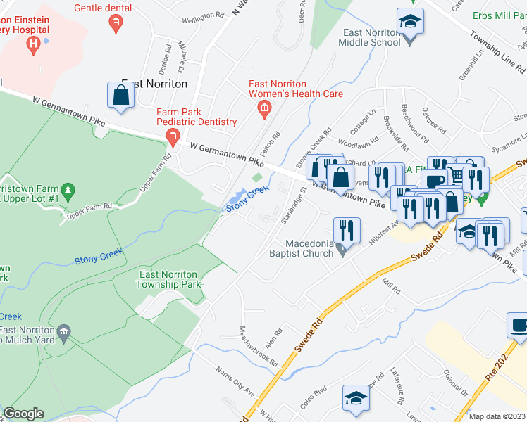 map of restaurants, bars, coffee shops, grocery stores, and more near 124 Teakwood Court in Norristown