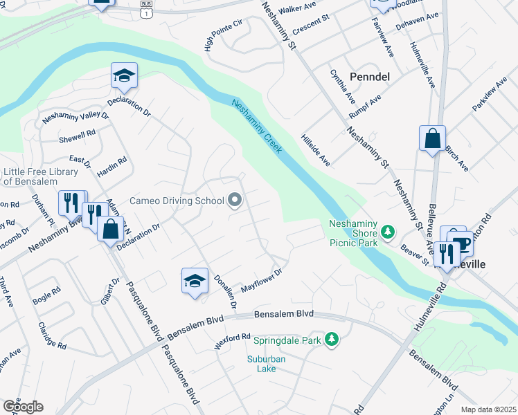 map of restaurants, bars, coffee shops, grocery stores, and more near 6541 Jefferson Ct in Bensalem
