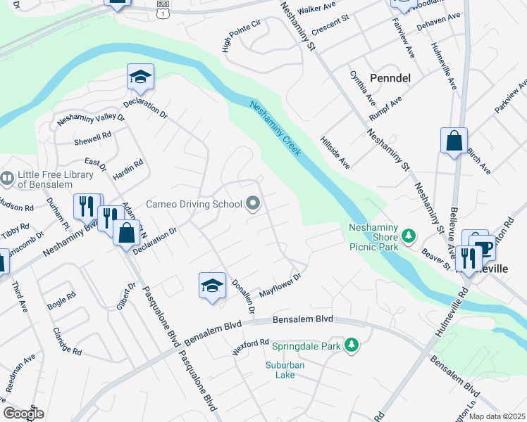 map of restaurants, bars, coffee shops, grocery stores, and more near 6417 Thomas Paine Court in Bensalem