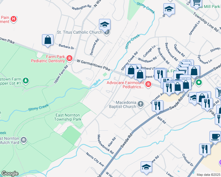 map of restaurants, bars, coffee shops, grocery stores, and more near 128 Cedar Court in Norristown