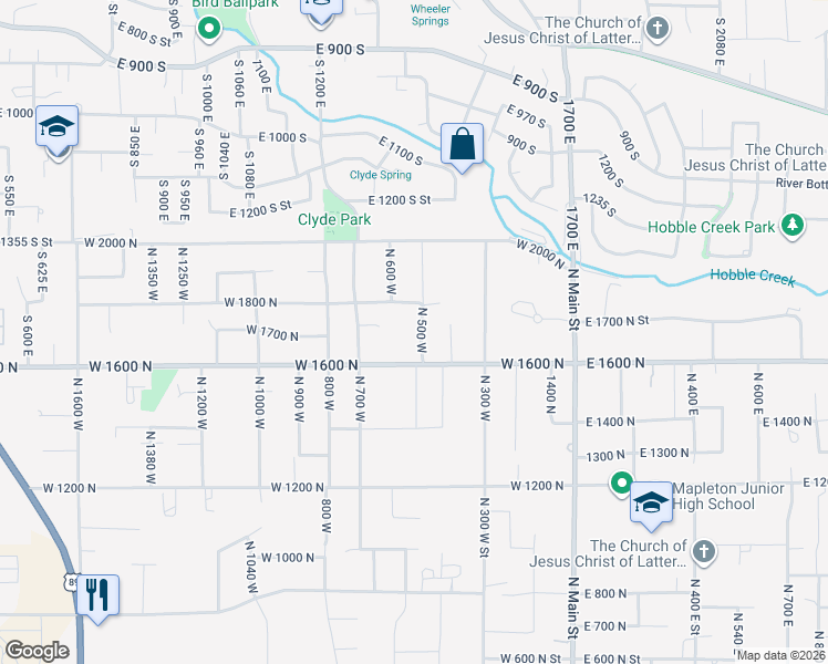 map of restaurants, bars, coffee shops, grocery stores, and more near 1697 North 500 West in Mapleton