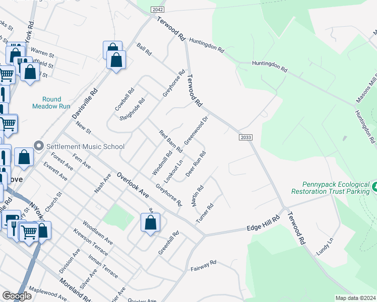 map of restaurants, bars, coffee shops, grocery stores, and more near 408 Red Barn Road in Willow Grove