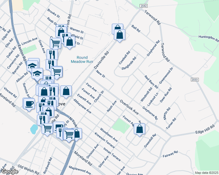 map of restaurants, bars, coffee shops, grocery stores, and more near 70 New Street in Willow Grove