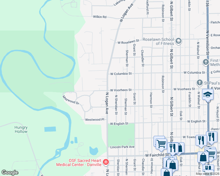 map of restaurants, bars, coffee shops, grocery stores, and more near 1300-1344 North Logan Avenue in Danville