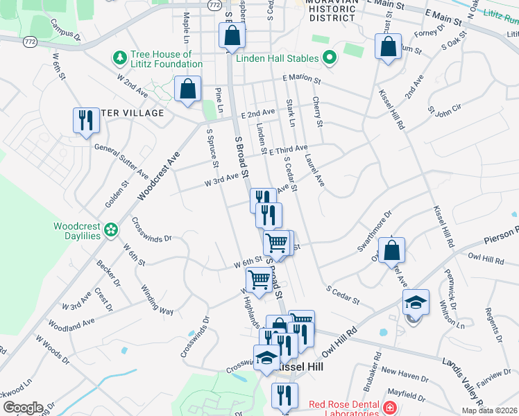 map of restaurants, bars, coffee shops, grocery stores, and more near 613 South Broad Street in Lititz