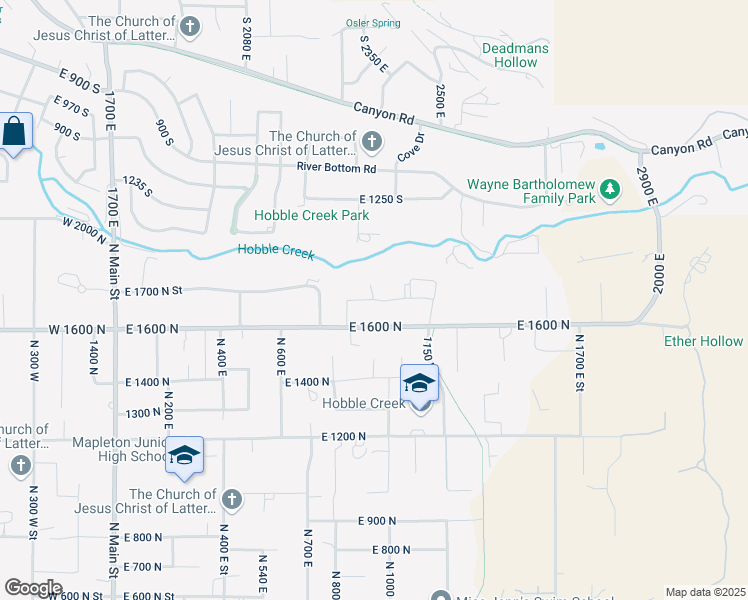map of restaurants, bars, coffee shops, grocery stores, and more near 989 East 1600 North in Mapleton