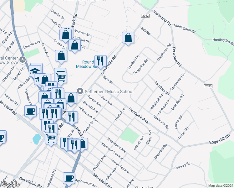 map of restaurants, bars, coffee shops, grocery stores, and more near 70 New Street in Willow Grove