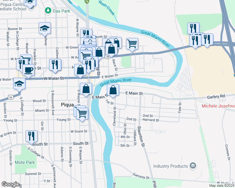 map of restaurants, bars, coffee shops, grocery stores, and more near 204 East Main Street in Piqua
