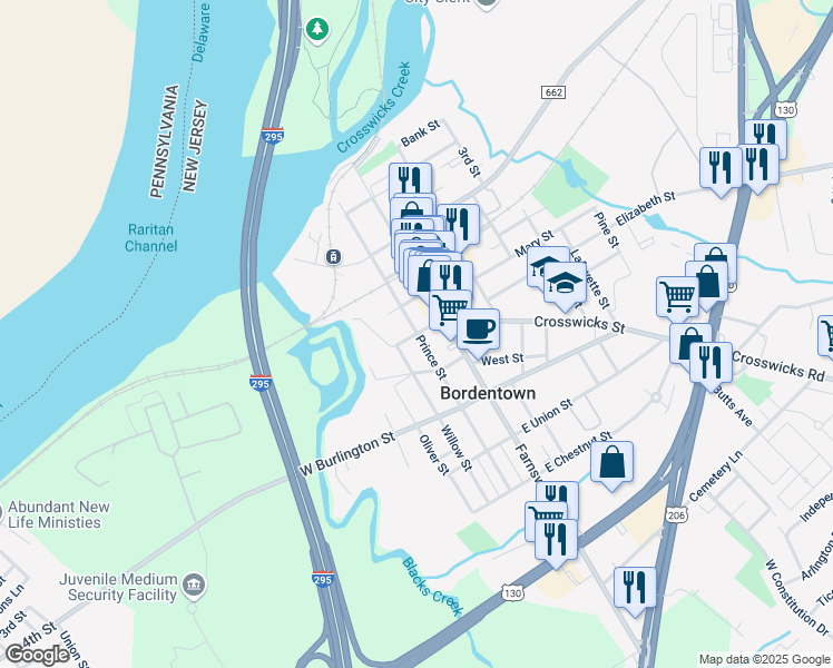 map of restaurants, bars, coffee shops, grocery stores, and more near Prince Street & Walnut Street in Bordentown