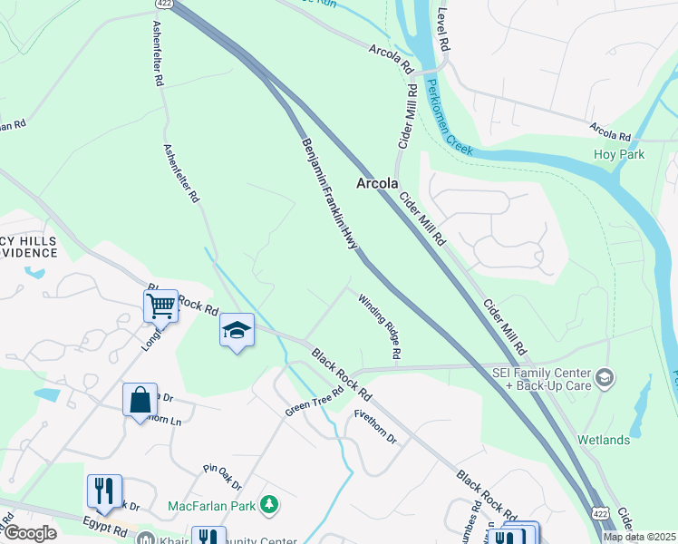 map of restaurants, bars, coffee shops, grocery stores, and more near 137 Olympic Road in Collegeville