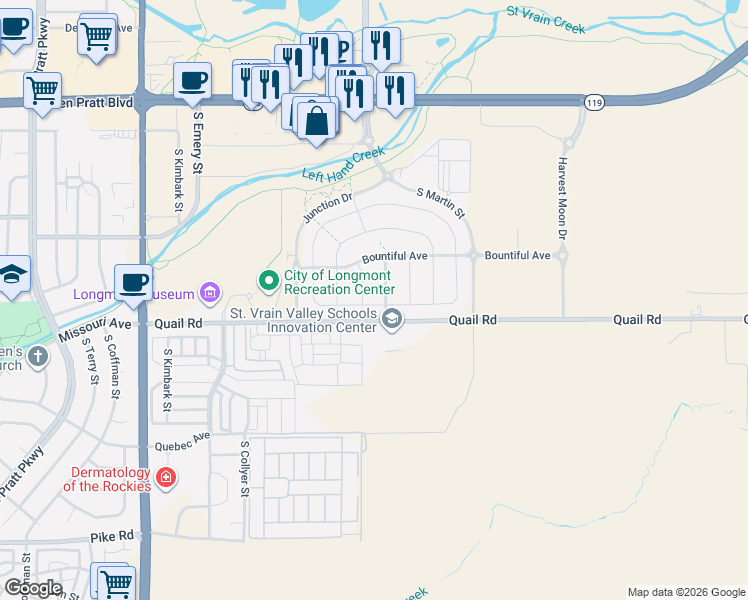 map of restaurants, bars, coffee shops, grocery stores, and more near 1021 Haystack Street in Longmont