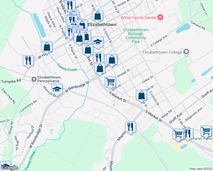 map of restaurants, bars, coffee shops, grocery stores, and more near 503 South Market Street in Elizabethtown
