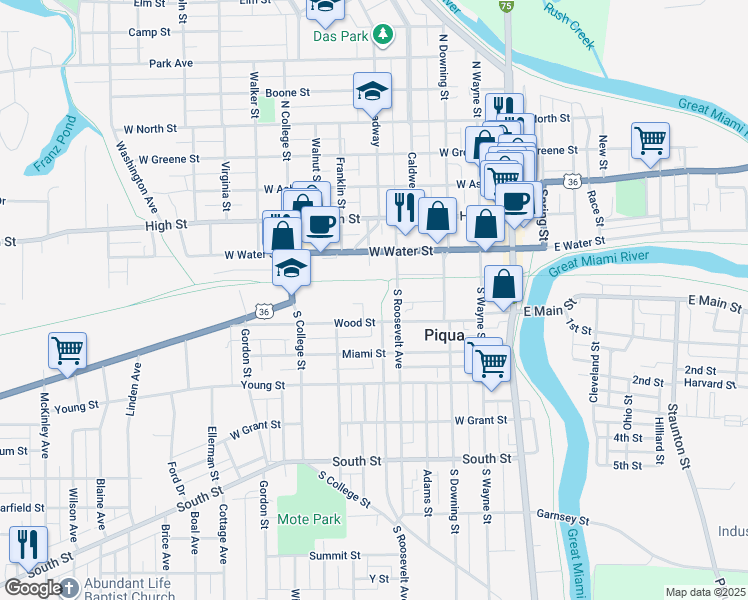 map of restaurants, bars, coffee shops, grocery stores, and more near 428 Wood Street in Piqua
