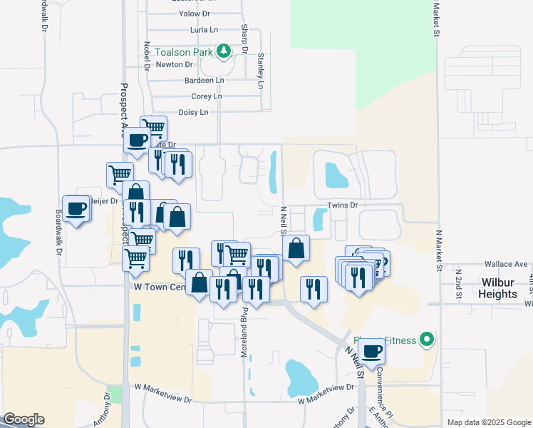 map of restaurants, bars, coffee shops, grocery stores, and more near 2734 JT Coffman Drive in Champaign