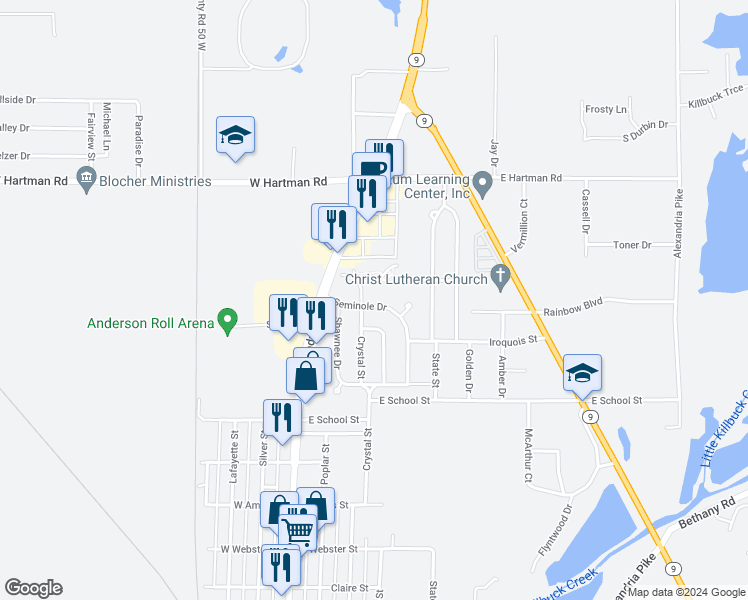 map of restaurants, bars, coffee shops, grocery stores, and more near 208 Seminole Drive in Anderson