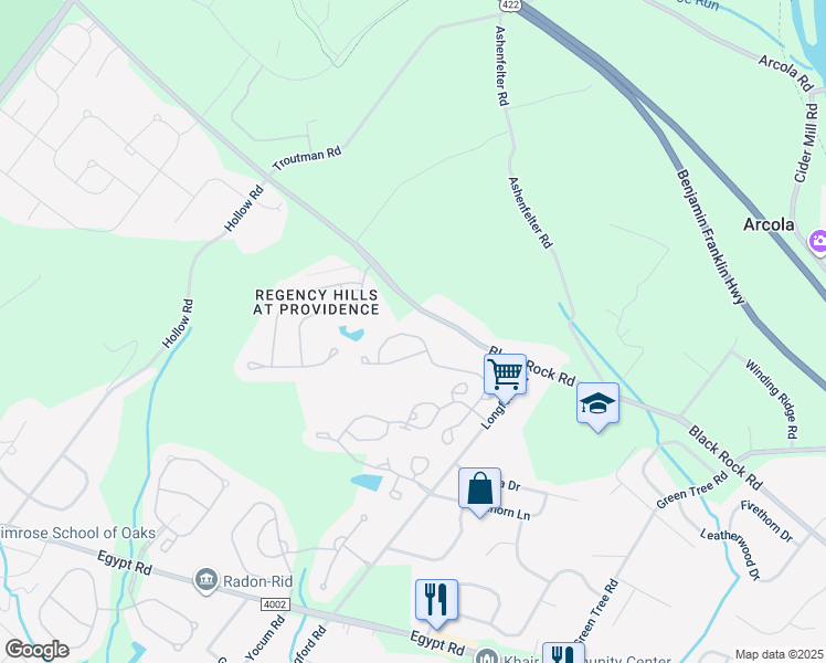map of restaurants, bars, coffee shops, grocery stores, and more near 414 Nottingham Lane in Collegeville