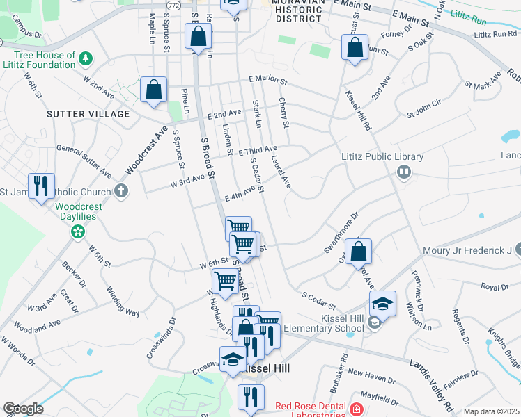 map of restaurants, bars, coffee shops, grocery stores, and more near 624 South Cedar Street in Lititz