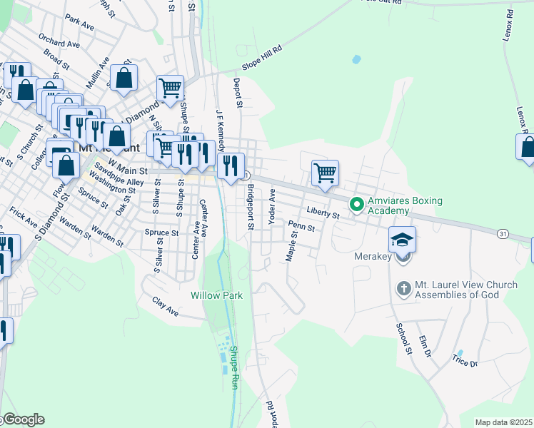 map of restaurants, bars, coffee shops, grocery stores, and more near 111 Yoder Avenue in Mount Pleasant