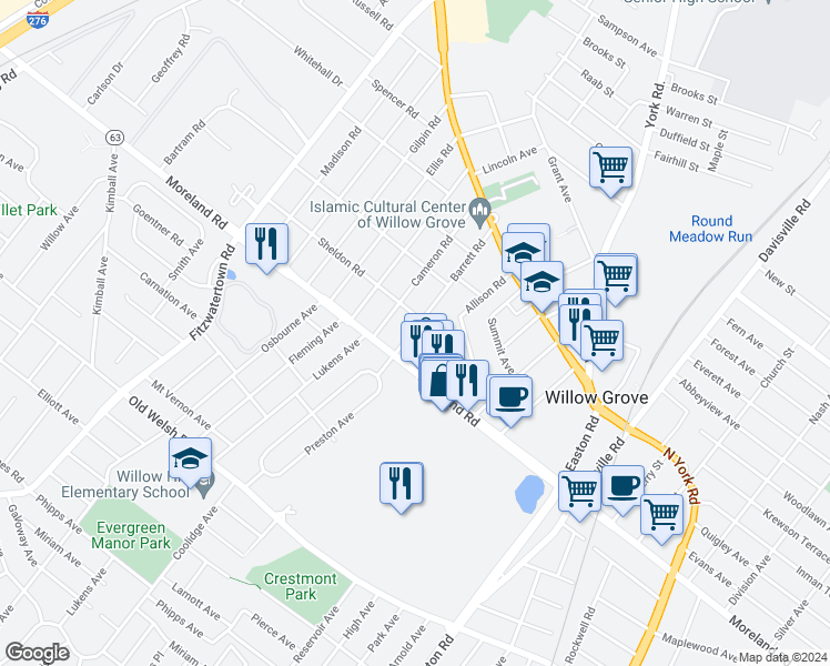map of restaurants, bars, coffee shops, grocery stores, and more near 455 Vincent Road in Willow Grove
