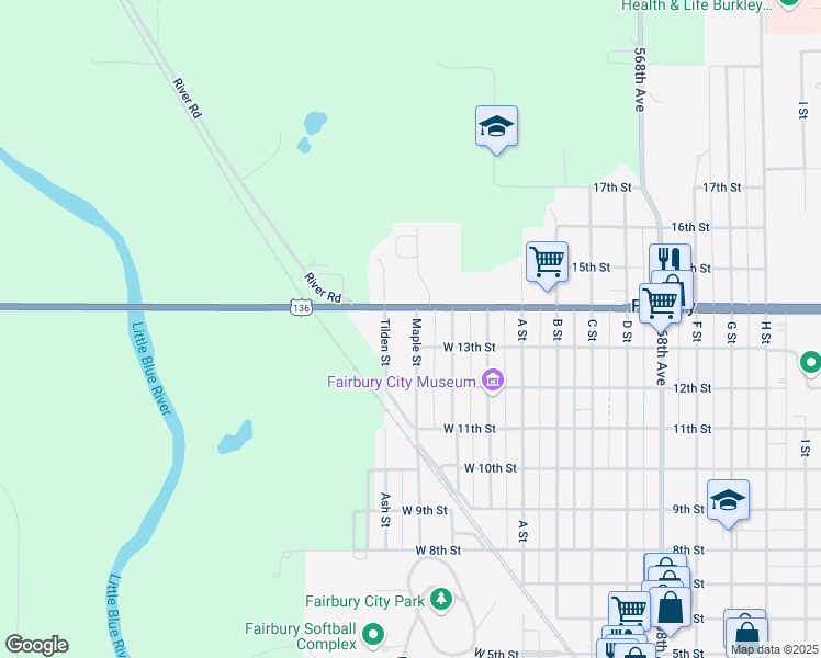 map of restaurants, bars, coffee shops, grocery stores, and more near 1313 Maple Street in Fairbury