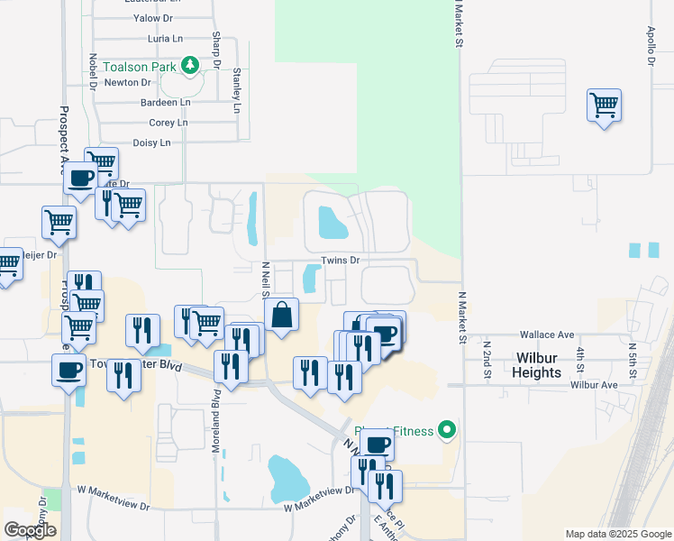 map of restaurants, bars, coffee shops, grocery stores, and more near 2411 Hampshire Drive in Champaign