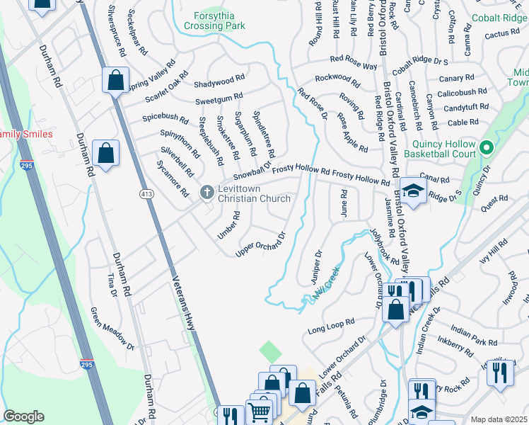 map of restaurants, bars, coffee shops, grocery stores, and more near 15 Unity Turn in Levittown