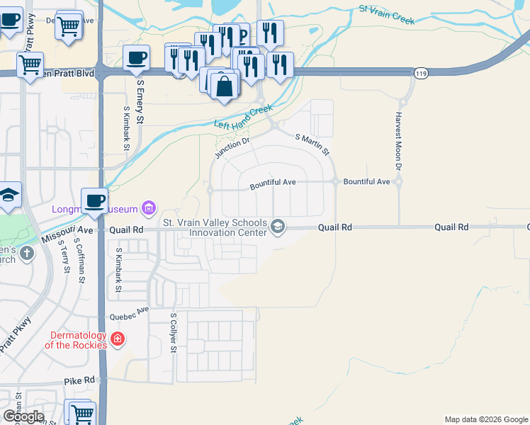 map of restaurants, bars, coffee shops, grocery stores, and more near 1021 Haystack Street in Longmont
