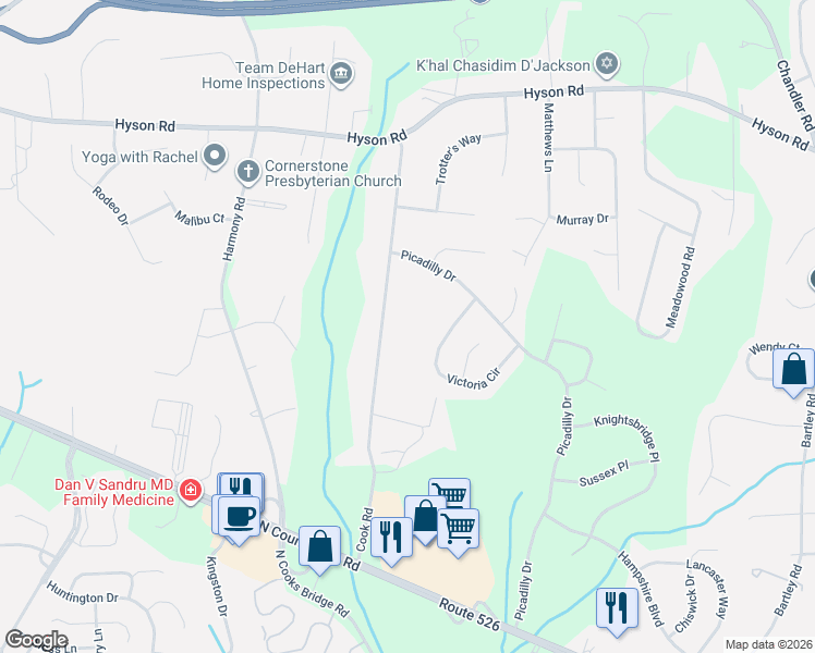 map of restaurants, bars, coffee shops, grocery stores, and more near 415 Cook Road in Jackson Township