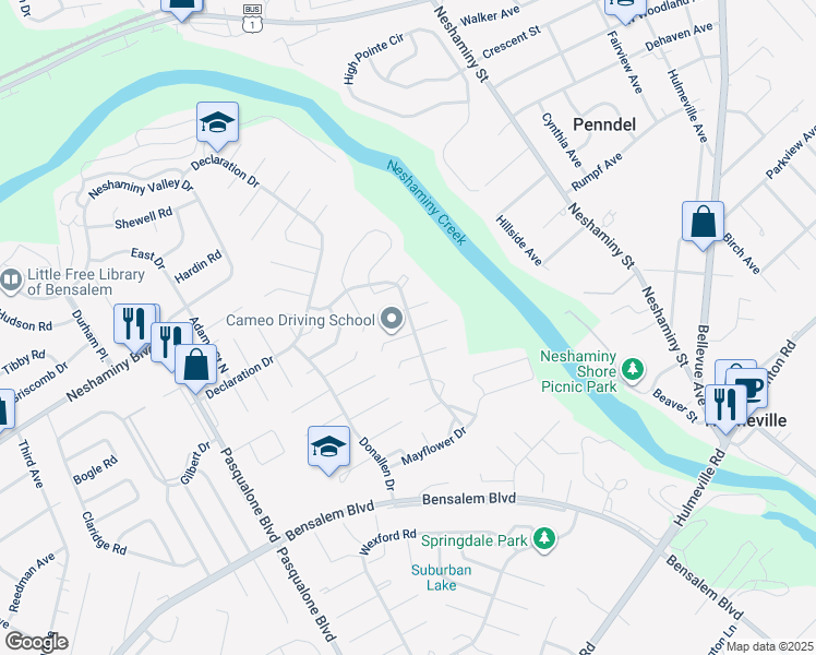 map of restaurants, bars, coffee shops, grocery stores, and more near 6401 Thomas Paine Court in Bensalem