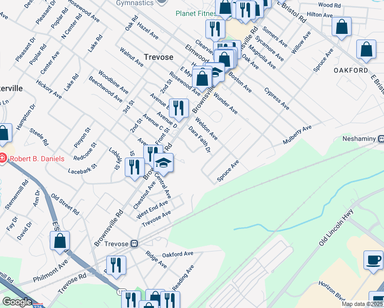 map of restaurants, bars, coffee shops, grocery stores, and more near 4902 Knable Lane in Feasterville-Trevose