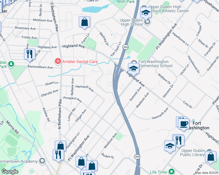 map of restaurants, bars, coffee shops, grocery stores, and more near 104 Tupelo Grove in Ambler