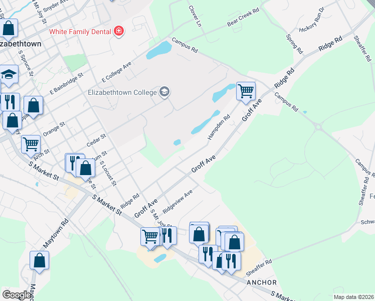 map of restaurants, bars, coffee shops, grocery stores, and more near 643 Hampden Road in Elizabethtown
