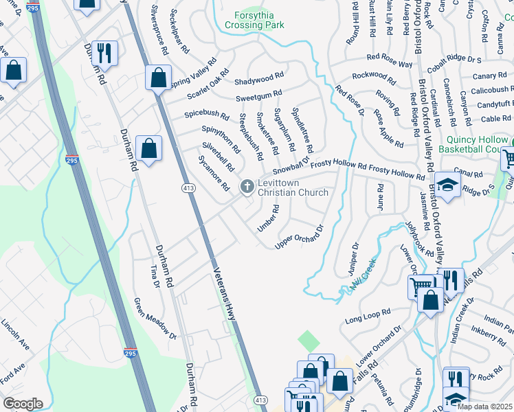 map of restaurants, bars, coffee shops, grocery stores, and more near 15 Upland Road in Levittown