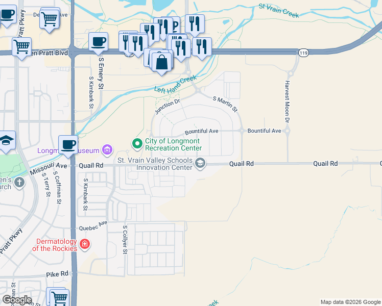map of restaurants, bars, coffee shops, grocery stores, and more near 1021 Haystack Street in Longmont