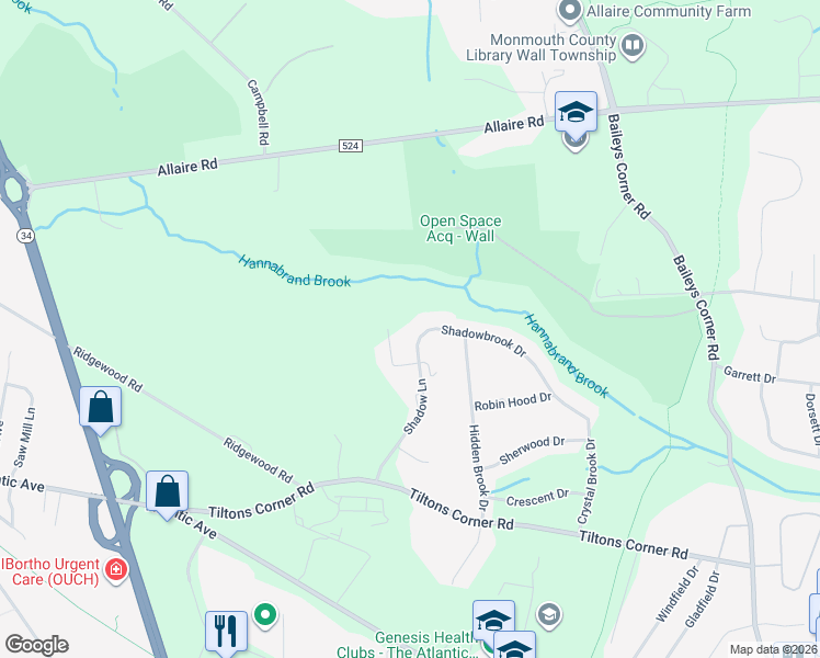 map of restaurants, bars, coffee shops, grocery stores, and more near 2104 Shadowbrook Drive in Wall Township