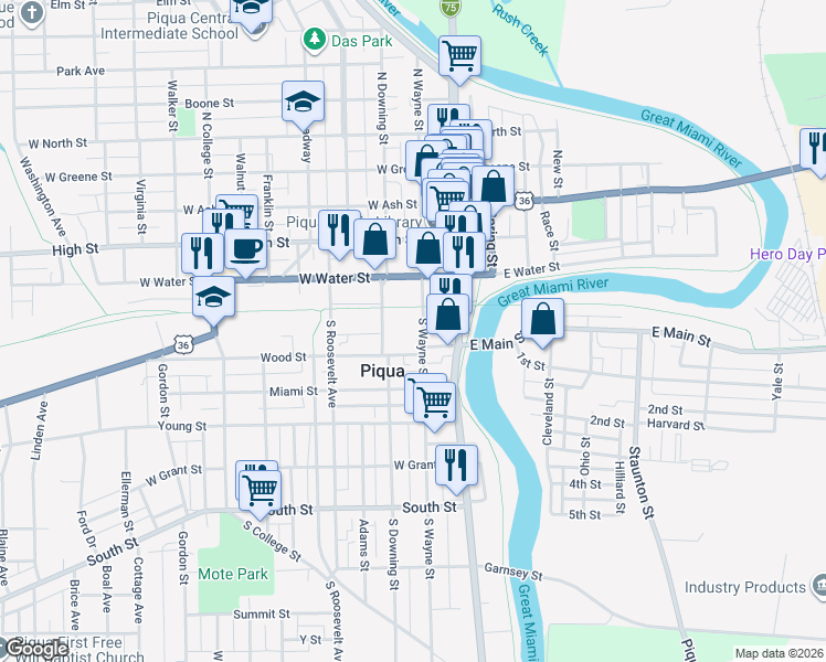 map of restaurants, bars, coffee shops, grocery stores, and more near 110 S Wayne St in Piqua