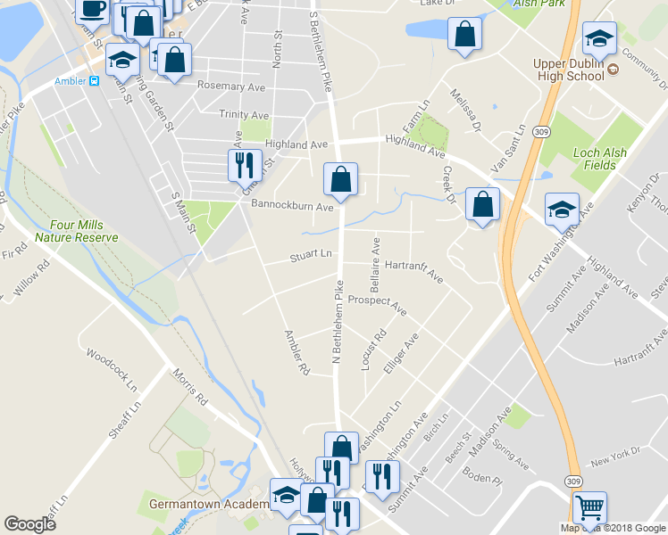 map of restaurants, bars, coffee shops, grocery stores, and more near 500 North Bethlehem Pike in Fort Washington