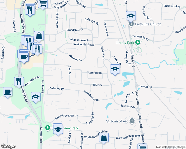 map of restaurants, bars, coffee shops, grocery stores, and more near 255 Stamford Drive in Powell