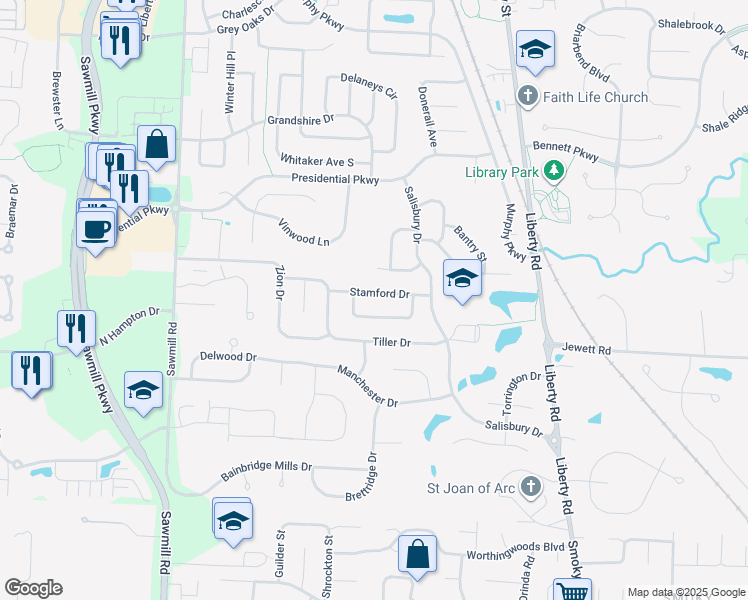 map of restaurants, bars, coffee shops, grocery stores, and more near 255 Stamford Drive in Powell