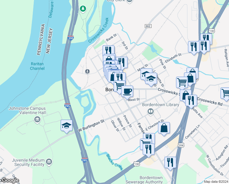 map of restaurants, bars, coffee shops, grocery stores, and more near in Bordentown