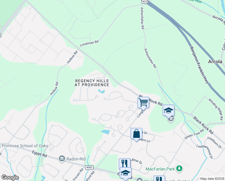map of restaurants, bars, coffee shops, grocery stores, and more near 415 Nottingham Lane in Collegeville