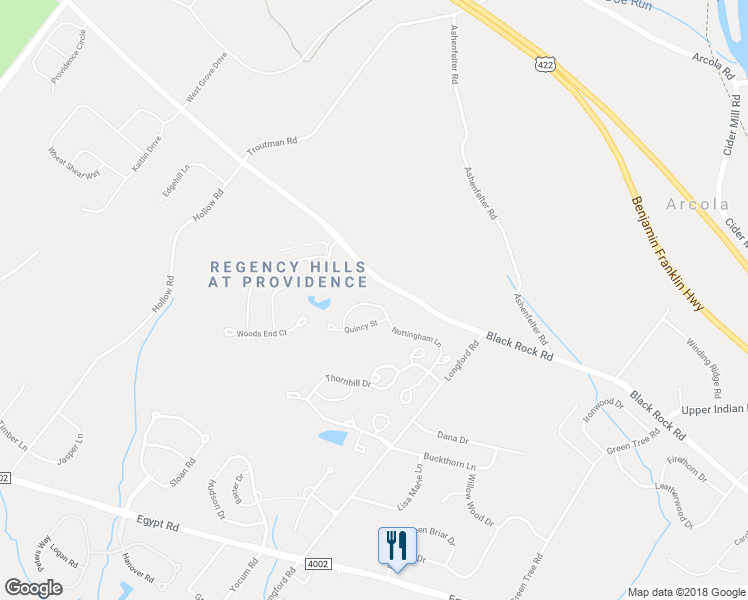map of restaurants, bars, coffee shops, grocery stores, and more near 414 Nottingham Lane in Collegeville