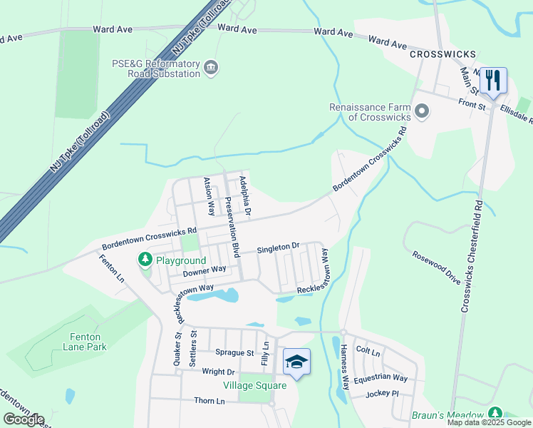 map of restaurants, bars, coffee shops, grocery stores, and more near 78 County Route 672 in Chesterfield Township
