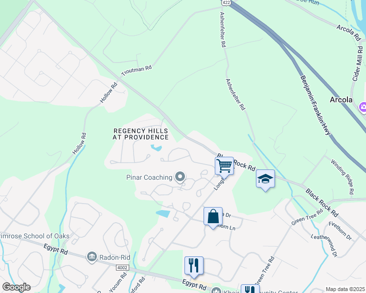 map of restaurants, bars, coffee shops, grocery stores, and more near 415 Nottingham Lane in Collegeville