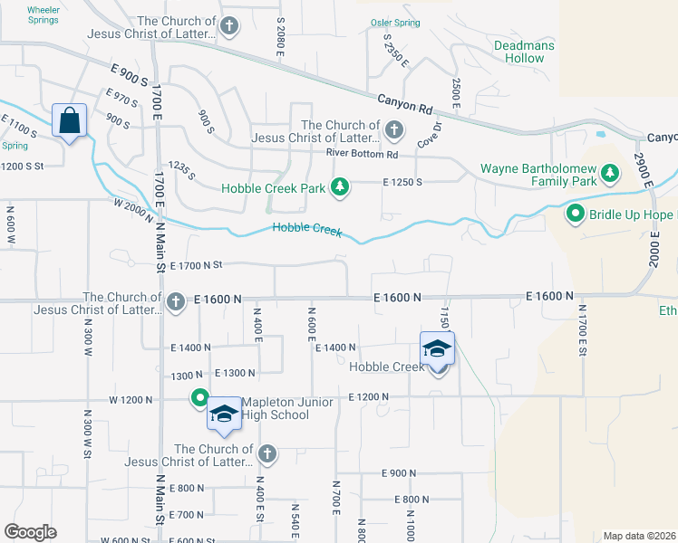 map of restaurants, bars, coffee shops, grocery stores, and more near 706 East 1700 North Street in Mapleton