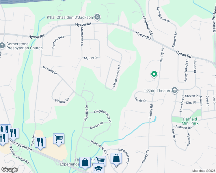 map of restaurants, bars, coffee shops, grocery stores, and more near 362 Meadowood Road in Jackson Township