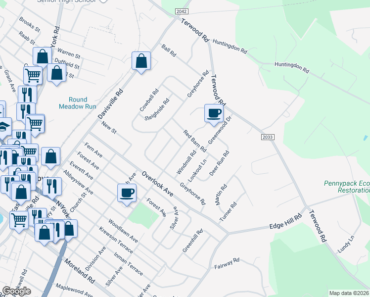 map of restaurants, bars, coffee shops, grocery stores, and more near 1201 Division Avenue in Willow Grove